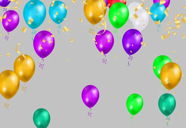 Πολύχρωμα Μπαλόνια Γενεθλίων Pennants Tinsel Και Κομφετί Στον Ουρανό Φόντο — Διανυσματικό Αρχείο