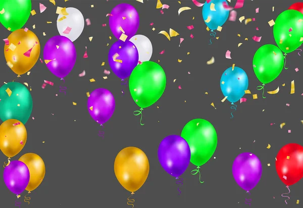Πολύχρωμα Μπαλόνια Γενεθλίων Pennants Tinsel Και Κομφετί Στον Ουρανό Φόντο — Διανυσματικό Αρχείο