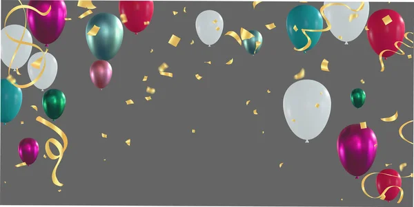 Balões Coloridos Confetes Sobre Fundo Cinza Ilustração Vetorial —  Vetores de Stock