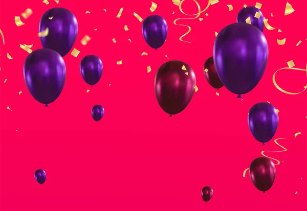 Lila Luftballons Und Konfetti Auf Rotem Grund Vektorillustration — Stockvektor