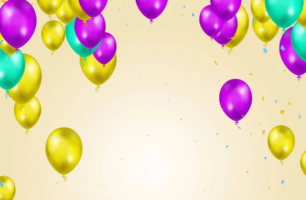 Happy Birthday Holiday Balloons Design Colorful Party Flags Ribbons Falling — 스톡 벡터