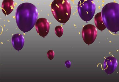 Konfeti ve kurdeleli mor balonlar. Vektör illüstrasyonu.