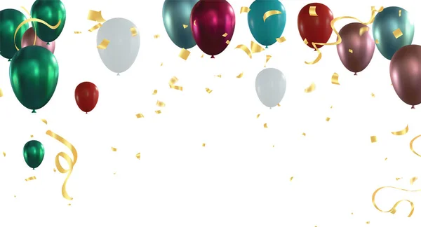 Balões Coloridos Confetes Fitas Sobre Fundo Cinzento — Vetor de Stock