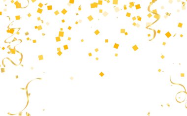 Beyaz arka planda altın konfeti. Parlak parçacıkların yansıması. Dekoratif unsur. Tasarımınız, kartlarınız, davetiyeleriniz, hediyeleriniz, VIP 'niz için lüks bir arkaplan.