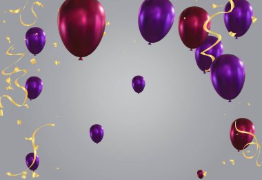Gri arkaplanda konfeti ve kurdeleli mor balonların vektör çizimi