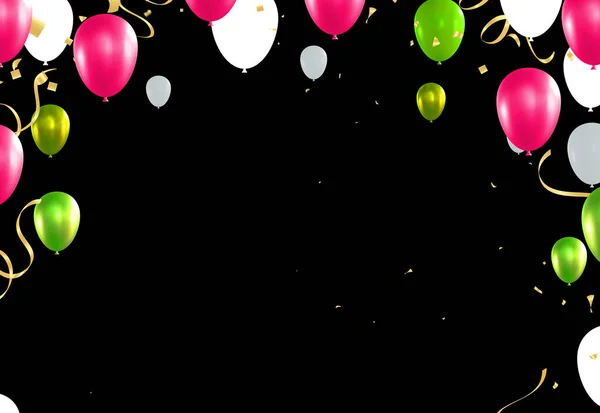 Ιστορικό Γενεθλίων Μπαλόνια Και Χρυσά Κομφετί Εικονογράφηση Διανύσματος — Διανυσματικό Αρχείο