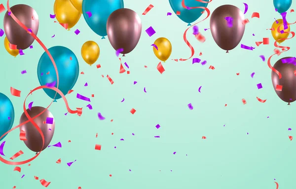 Balloons Ribbons Confetti Green Background Vector Illustration — Stock Vector