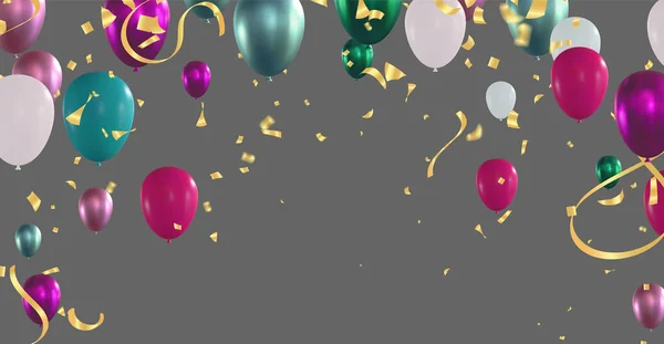 Bunte Luftballons Und Konfetti Auf Grauem Hintergrund Vektorillustration — Stockvektor