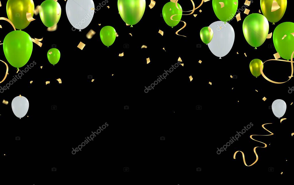 Green and white balloons with ribbons and confetti on black background