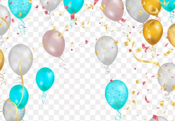 Balões Coloridos Com Confetes Fitas Sobre Fundo Transparente Ilustração Vetorial — Vetor de Stock