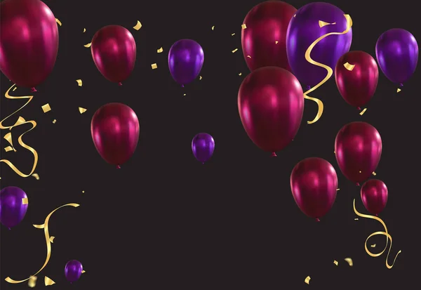 Vektor Illustration Von Lila Luftballons Mit Bändern Und Konfetti Auf — Stockvektor