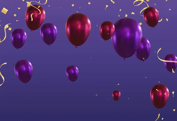 Fond Vacances Avec Ballons Violets Confettis Illustration Vectorielle — Image vectorielle