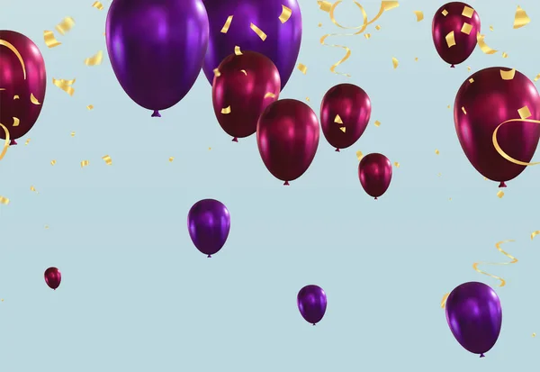 Lila Luftballons Mit Goldenem Konfetti Auf Blauem Hintergrund Vektorillustration — Stockvektor