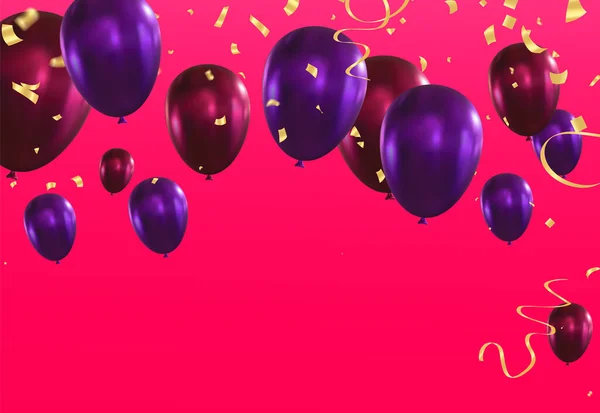 Lila Luftballons Mit Konfetti Auf Rotem Hintergrund Vektorillustration — Stockvektor