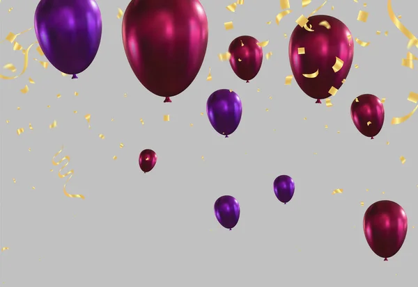 Lila Luftballons Mit Goldenem Konfetti Und Schleifen Auf Grauem Hintergrund — Stockvektor