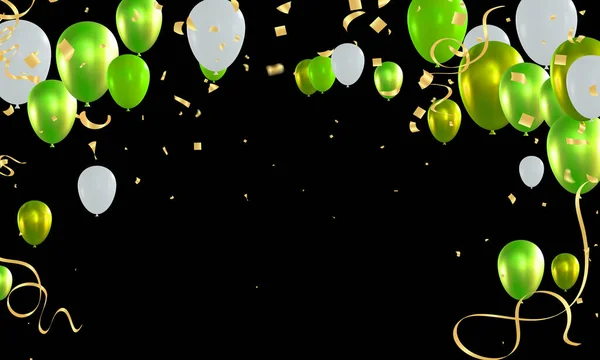 Balões Verdes Brancos Com Fitas Douradas Confetes Sobre Fundo Preto — Vetor de Stock