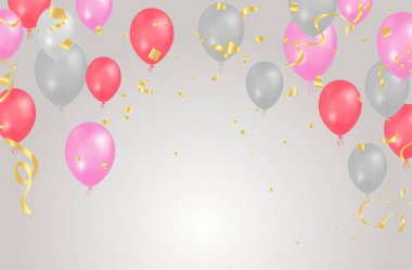 Kutlama vektörü arkaplan şablonu. Gerçekçi balonlar ve kurdele afiş tasarımı. Doğum günü balonu tasviri gerçekçi, şenlikli bir kutlama