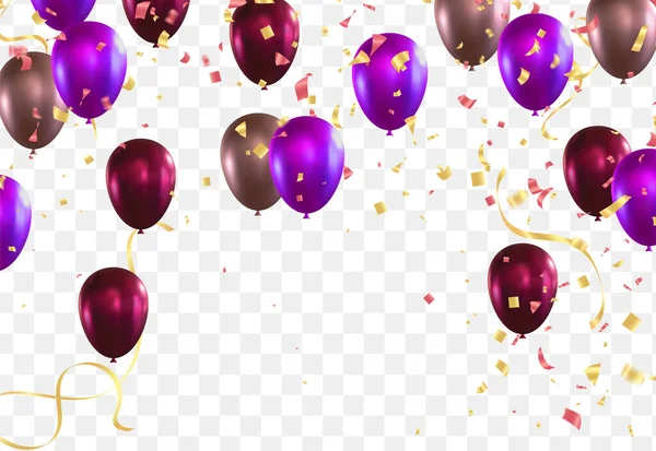 Paarse Ballonnen Met Confetti Geïsoleerd Transparante Achtergrond Vectorillustratie — Stockvector
