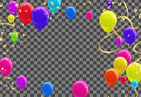 带有透明背景的彩带和彩带的派对气球 矢量说明 — 图库矢量图片
