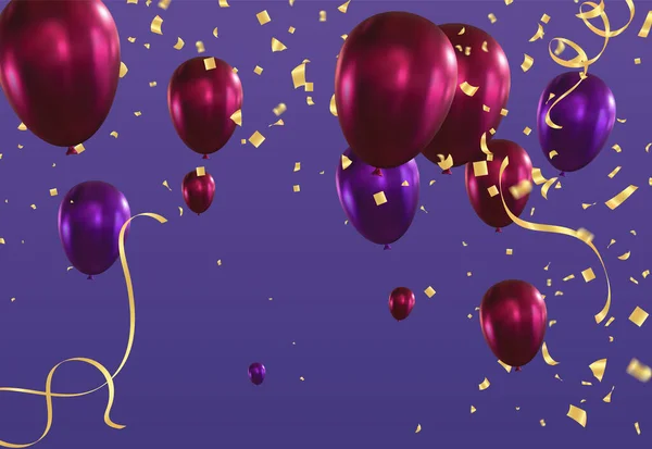 Lila Luftballons Mit Konfetti Und Schleifen Vektorillustration — Stockvektor