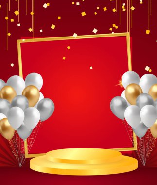Altın çerçeveli soyut yuvarlak podyum ve kırmızı arka planda beyaz balonlar. Vektör illüstrasyonu