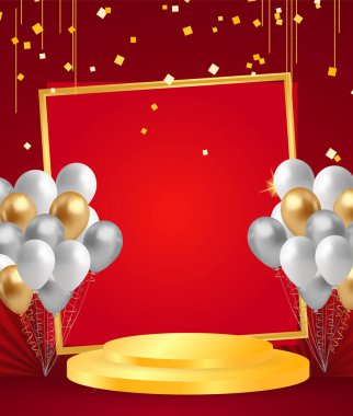 Altın çerçeveli soyut yuvarlak podyum ve kırmızı arka planda beyaz balonlar. Vektör illüstrasyonu