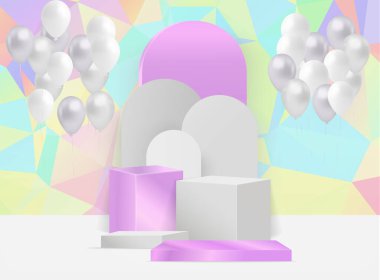 3D soyut minimum geometrik formlar. Hava balonları ile ürün sunumu için parlak gerçekçi podyum, kaide veya platform.