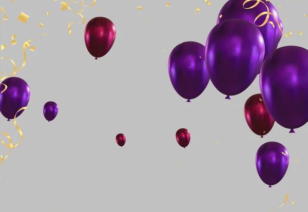 Purple Balloons Confetti Gray Background Vector Illustration — Stock Vector