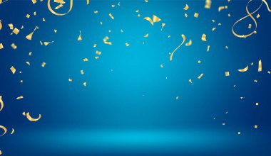 Mavi arka planda altın konfeti. Şenlik arka planı. Vektör illüstrasyonu