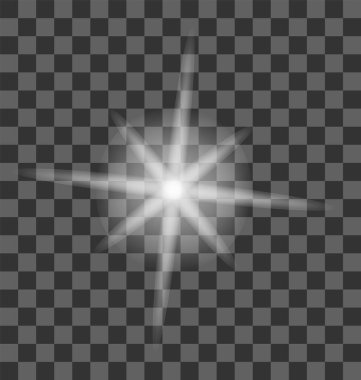 Beyaz parlayan ışık şeffaf bir arkaplanda patlar. Parlak sihirli toz parçacıkları. Parlak Yıldız. Şeffaf, parlak güneş. Vektör ışıltısı. Parlak bir ışıltı için.