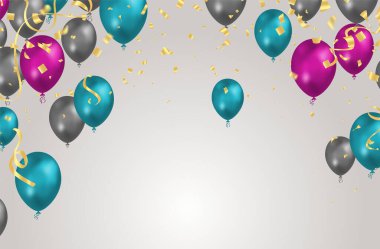 Balonlu, konfetili ve kurdeleli bir arka plan. Vektör illüstrasyonu.