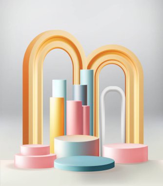 ürün podyumu 3D arka plan ve şablon sahnesi. Vitrin için asgari duvar sahnesi ürün sahnesi, Banner tanıtım gösterisi. Soyut vektör geometriği