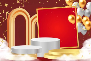 Gerçekçi koyu kırmızı ve altın rengi 3D silindir kaidesel podyum kemer kapısında dikey dokusu var. Ürünler için minimum sahne, Çin Yeni Yılı, modern çağ