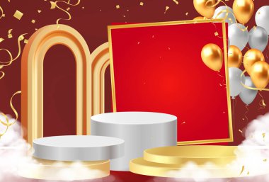 Gerçekçi koyu kırmızı ve altın rengi 3D silindir kaidesel podyum kemer kapısında dikey dokusu var. Ürünler için minimum sahne, Çin Yeni Yılı, modern çağ