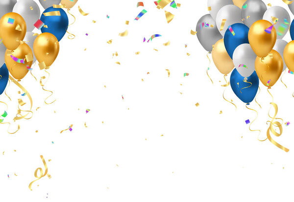 Celebration background with blue balloons and confetti. Vector illustration.