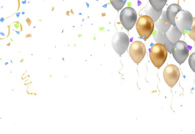 Beyaz arka planda konfeti ve kurdeleli balonların çizimi