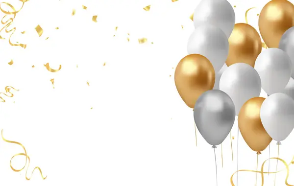 Beyaz arka planda konfeti olan altın ve gümüş balonlar. Vektör illüstrasyonu