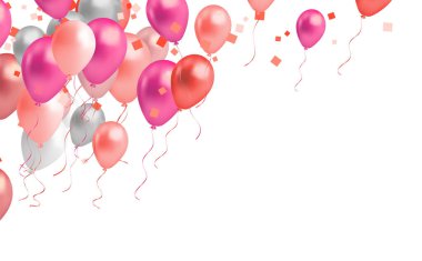 Beyaz arka planda konfeti olan pembe ve gümüş balonlar. Vektör illüstrasyonu.