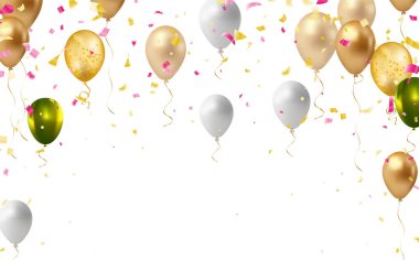 Balonlar, konfetiler ve kurdelelerle dolu bir tatil geçmişi. Doğum günü partisi için kutlama kartı, yıldönümü, yeni yıl, Noel