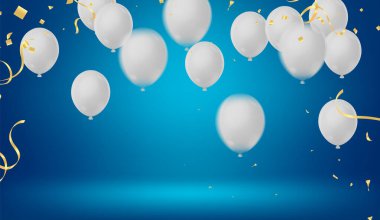 Doğum günü selamlama vektör şablonu tasarımı. Beyaz tahta uzayda uçan balonlar ve konfeti elementleriyle mutlu yıllar. 3 boyutlu hava balonları. resimleme