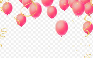 Kutlama kartları ve balonlu, konfetili, doğum günü kutlaması için tasarım şablonu olan posterler için mutlu yıllar tipografi vektör tasarımı.