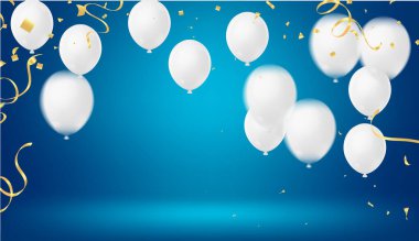 Doğum günü selamlama vektör şablonu tasarımı. Beyaz tahta uzayda uçan balonlar ve konfeti elementleriyle mutlu yıllar. 3 boyutlu hava balonları. resimleme