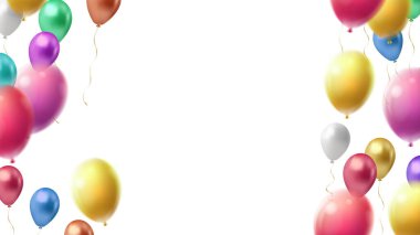 Doğum günü renkli balon süslemesi, çelenk ve konfeti ışıkta 