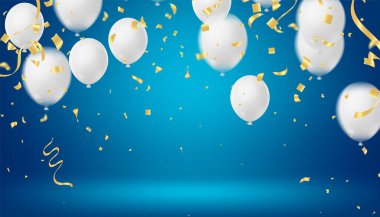 Doğum günü selamlama vektör şablonu tasarımı. Beyaz tahta uzayda uçan balonlar ve konfeti elementleriyle mutlu yıllar. 3 boyutlu hava balonları. resimleme