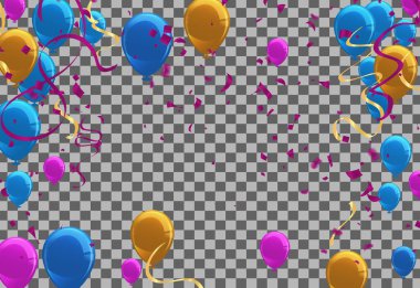 Renkli konfetiler, balonlar ve parti bayrakları, şeffaf arka planda izole edilmiş. Kutlama geçmişi. Vektör illüstrasyonu. Sabit ışık 