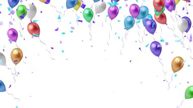 Büyük Köşeli Renkli Büyük ve Küçük Uçan Balonlar. Renkli konfeti ile metin tasarımı.