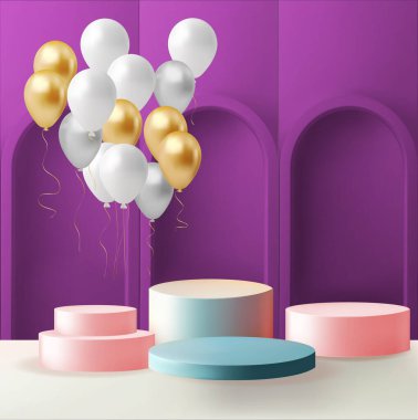Yarı daire arkaplanda pastel renkli beyaz gerçekçi 3d silindir kaide podyumu. Geometrik balonları oluşturan soyut vektör, canlı doğum günü afişi