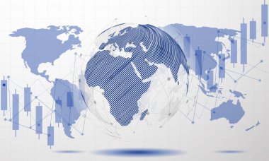 Beyaz arka planda dünya haritası ve finansal tablolar. Vektör illüstrasyonu.