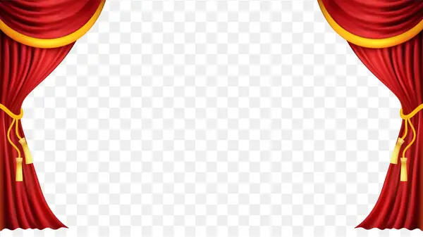 Kırmızı perdeler gerçekçi bir illüstrasyon. Sinema veya opera salonu için tiyatro kumaşı ipek dekorasyonu. Perdeler ve perdeler tiyatro sahnesi ve yeni yıl porselenleri için iç dekorasyon nesnesi