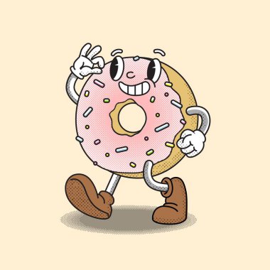 Eski çizgi film stili, eski karikatür tarzında çizilmiş bir çörek, buluşmaya gider.